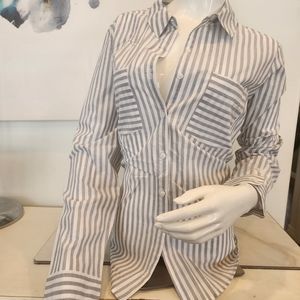Express, NWTO, size L, fitted gray & white striped long sleeve button up blouse